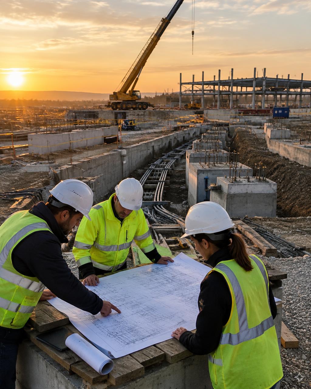 EPC engineers reviewing electrical drawings on a substation construction site (illustrative)