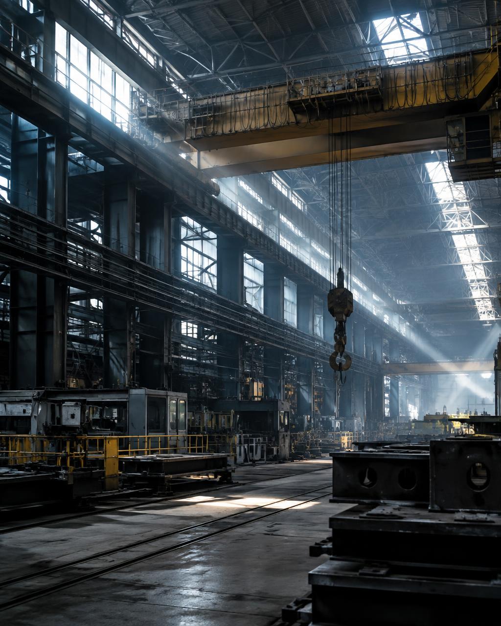 Heavy industrial plant interior with gantry crane (illustrative)