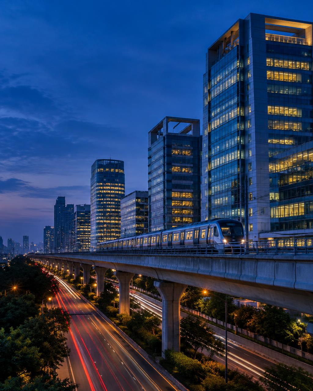 Elevated metro and commercial towers at dusk (illustrative)