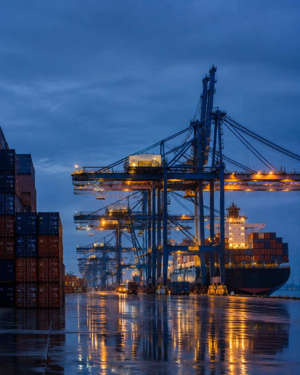 Container port with ship-to-shore cranes at blue hour (illustrative)