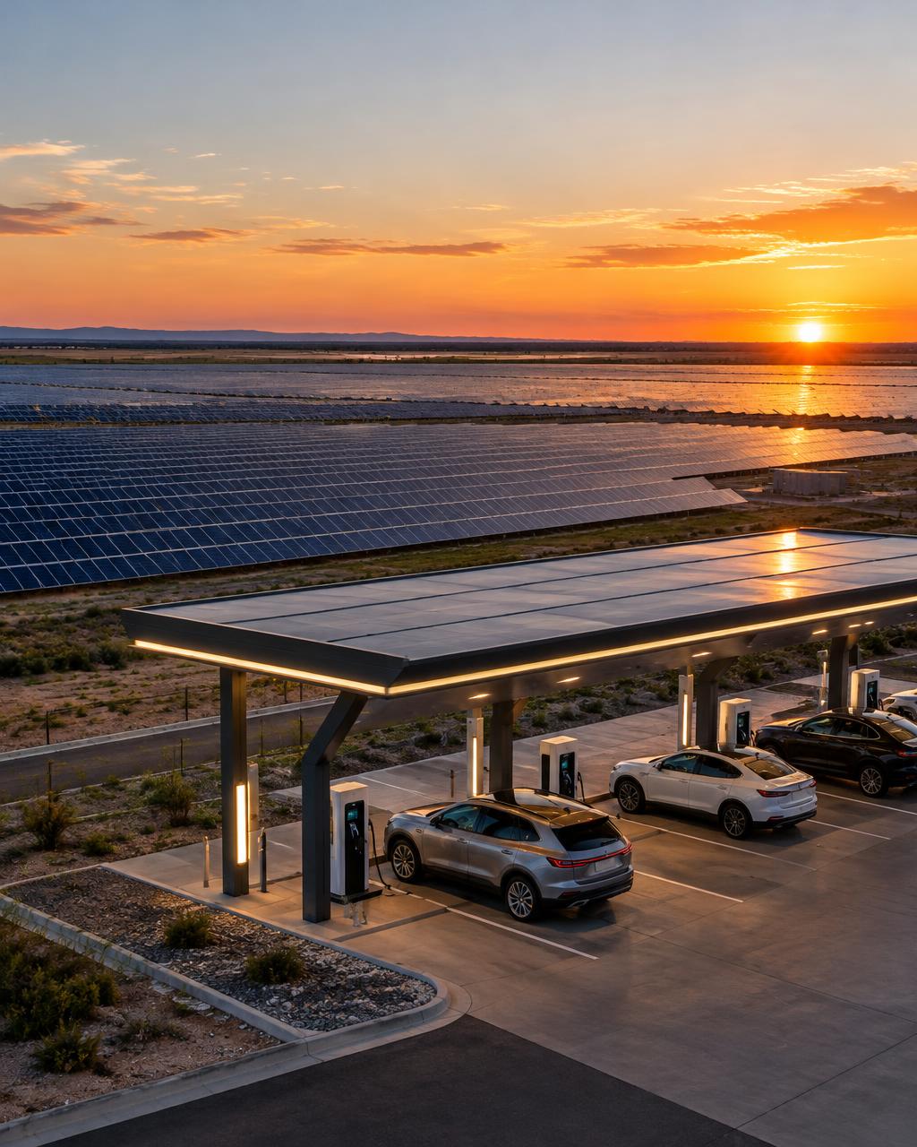 Solar farm and EV charging hub at sunset (illustrative)