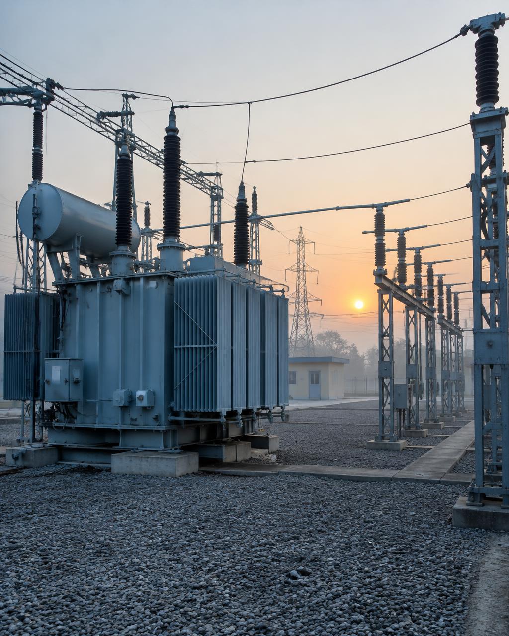 Utility distribution substation yard at sunrise (illustrative)